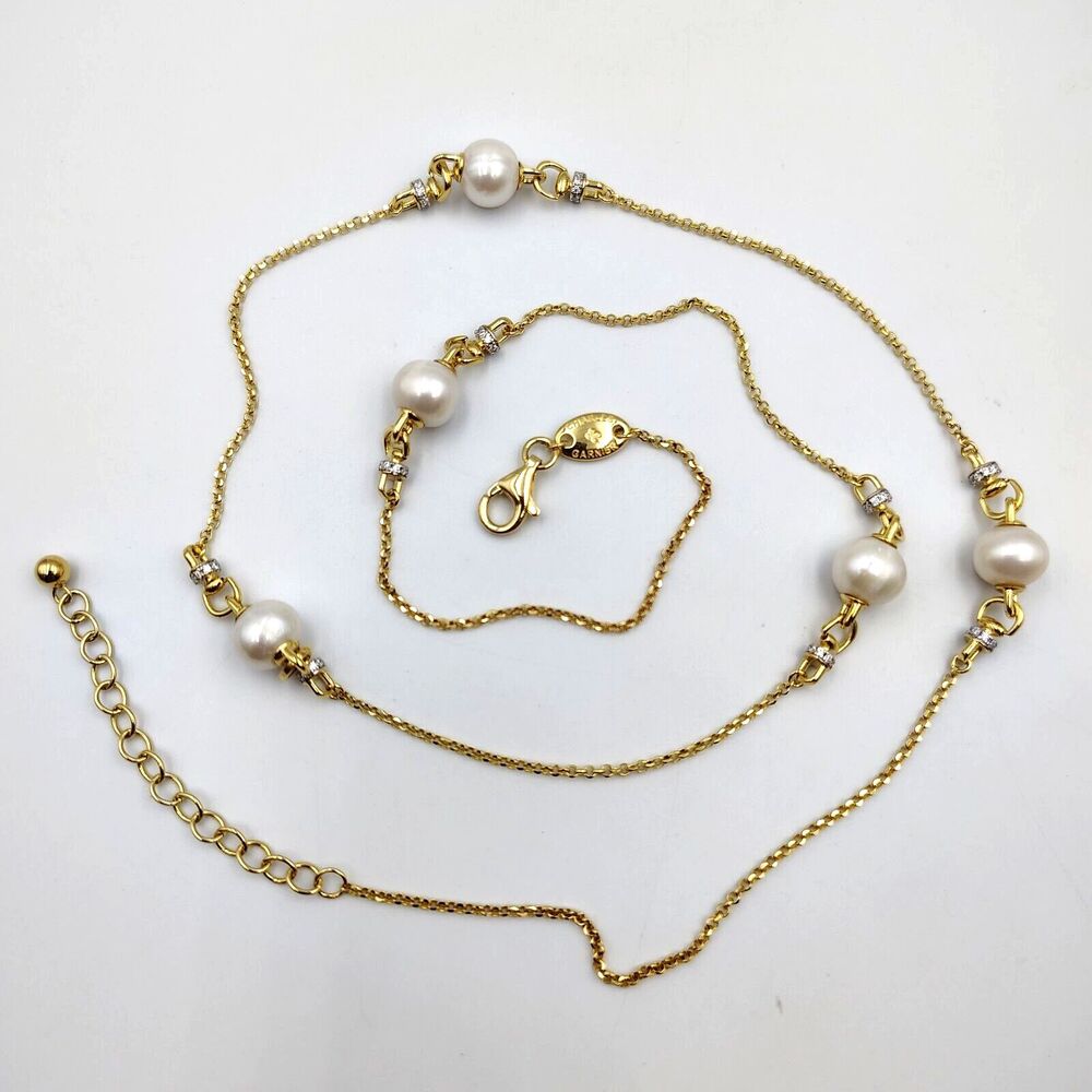 Charles Garnier Sterling Silver 925 Vermeil Pearl CZ Station Necklace 25"